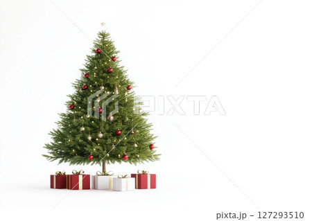 Realistic Christmas tree photo with gift boxes, styled on white for seasonal ads, catalogs, and winter-themed promotional material. 127293510