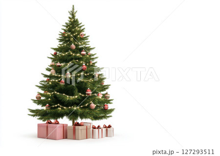 Realistic Christmas tree photo with gift boxes, styled on white for seasonal ads, catalogs, and winter-themed promotional material. 127293511