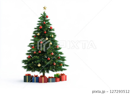 High-resolution image of a 3D-rendered Christmas tree with gifts, isolated on white for clean and modern seasonal content. 127293512