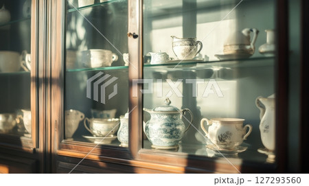Transparent glass cabinet filled with curated collection of antique porcelain, soft shadows, moody interior 127293560