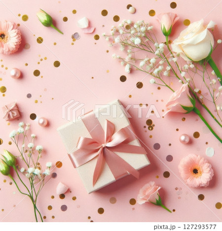 Top view of a gift box with confetti and flowers on a light pink background, web banner with copy space in the bottom right corner for text or design 127293577