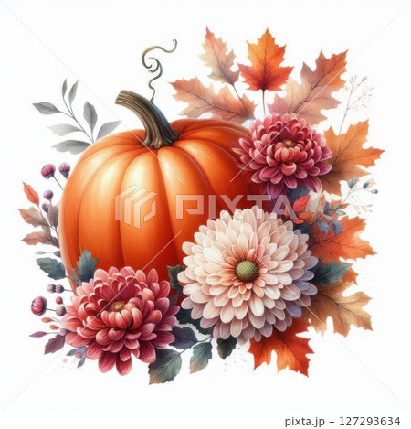 Detailed floral illustration of a pumpkin with chrysanthemums, isolated on a white background, ideal for autumn-themed creative projects. 127293634