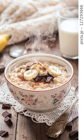 Cozy breakfast with banana chocolate oatmeal in a vintage bowl, surrounded by rustic textures, morning light and nostalgic winter styling elements. 127293666