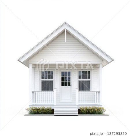 Front view of small American-style house with white walls, wooden windows and porch, centered and symmetrical, with green bushes on white background, high-resolution illustration 127293820