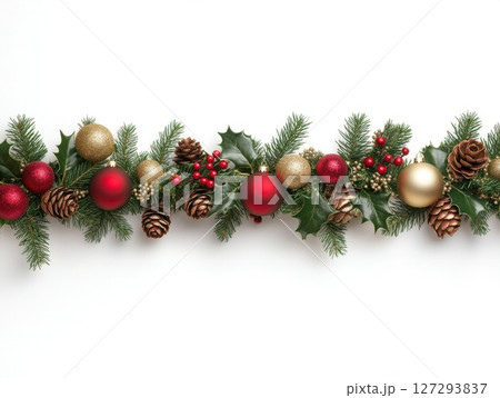 Holiday garland with traditional ornaments, perfect for Christmas decor and winter celebration visuals, on a white background. Holiday garland with traditional ornaments, perfect for Christmas decor and winter celebration visuals, on a white background. 127293837