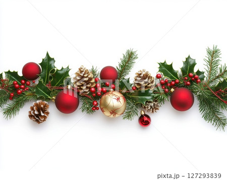 Holiday garland with traditional ornaments, perfect for Christmas decor and winter celebration visuals, on a white background. Holiday garland with traditional ornaments, perfect for Christmas decor and winter celebration visuals, on a white background. 127293839