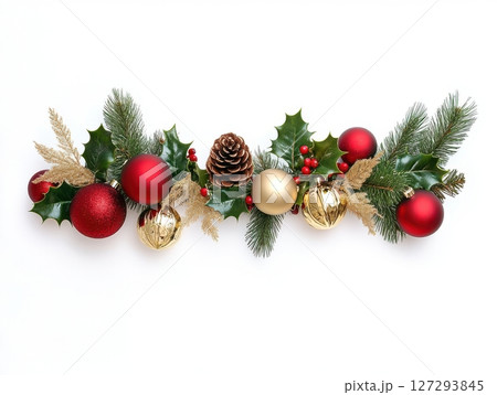 Christmas garland with red and gold baubles, pine cones and holly, isolated on white background, traditional holiday decorations for festive home decor and seasonal design 127293845