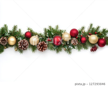 Christmas garland with red and gold baubles, pine cones and holly, isolated on white background, traditional holiday decorations for festive home decor and seasonal design Christmas garland with red and gold baubles, pine cones and holly, isolated on white background, traditional holiday decorations for festive home decor and seasonal design 127293846