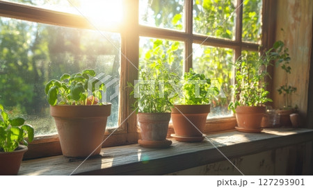 Earthy tones and chipped charm in farmhouse plant decor. Earthy tones and chipped charm in farmhouse plant decor. 127293901
