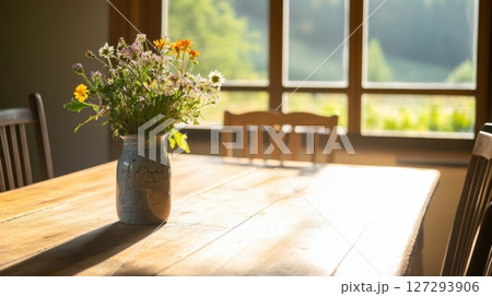 Rustic breakfast table with wildflowers and mismatched style. 127293906