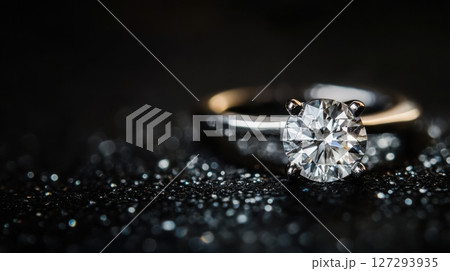 High-resolution image of antique diamond ring glowing under soft light, perfect for wedding, fashion, or jewelry advertising. 127293935