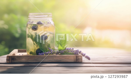 Glass jar with cold lavender and blueberry infusion on rustic wooden tray, lavender sprigs beside, gentle sunlight casting shadows, soft pastel tones, romantic detox drink scene 127293987