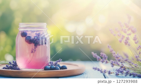 Glass jar with cold lavender and blueberry infusion on rustic wooden tray, lavender sprigs beside, gentle sunlight casting shadows, soft pastel tones, romantic detox drink scene 127293988