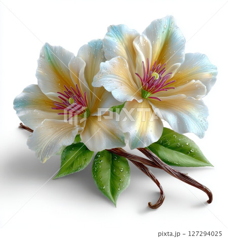 Vanilla flower with delicate pale yellow petals and central orchid structure, isolated on white background, botanical illustration for food, cosmetics, or natural wellness concept 127294025