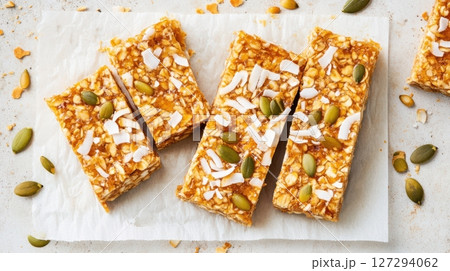 Top view of rustic snack bars with honey, coconut, and pumpkin seeds on parchment, styled for a natural food concept. 127294062