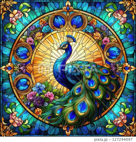 Elegant illustration of a peacock in mosaic stained glass, featuring vivid feathers, antique charm, and glowing light. Perfect for themes of art, wildlife, and handmade beauty. 127294097