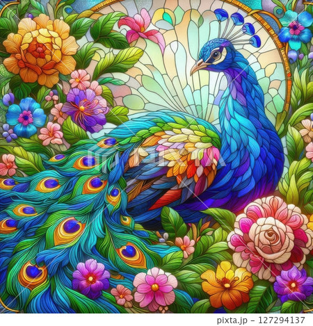 ornamental illustration of a peacock in stained glass style, ideal for window decals, print art, and elegant home decoration. 127294137
