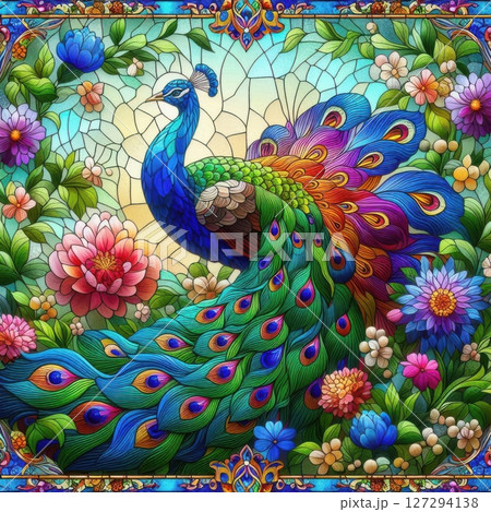 ornamental illustration of a peacock in stained glass style, ideal for window decals, print art, and elegant home decoration. 127294138