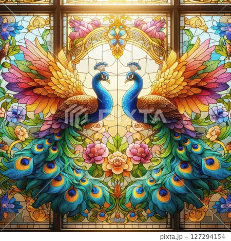 Vibrant stained glass design of a peacock with intricate tail feathers in rich blue, green and gold tones, isolated on white background for decor use. 127294154