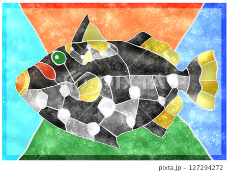 海水魚モンガラハギのカラフルタイル画風切り絵イラスト背景有り 海水魚モンガラハギのカラフルタイル画風切り絵イラスト背景有り 127294272