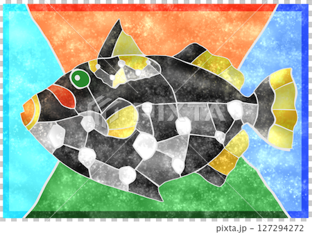 海水魚モンガラハギのカラフルタイル画風切り絵イラスト背景有り 海水魚モンガラハギのカラフルタイル画風切り絵イラスト背景有り 127294272