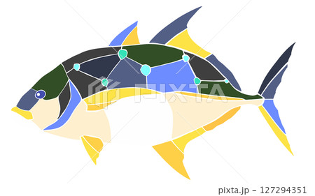 海水魚ロウニンアジの綺麗なモザイク画風切り絵イラスト目地有 127294351
