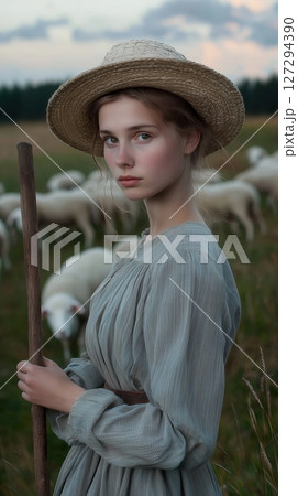 Shepherdess with flock of sheep in a serene countryside during golden hour with rolling hills in the background 127294390