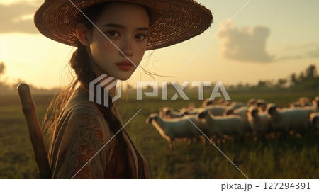 Shepherdess guiding a flock of sheep in a serene grassy field during golden hour with rolling hills in the background 127294391