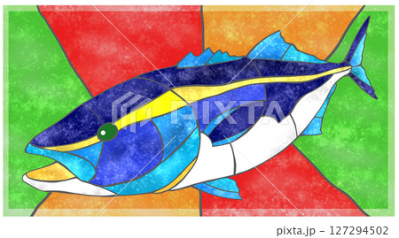 海水魚ワラサのカラフルタイル画風切り絵イラスト背景有り 127294502