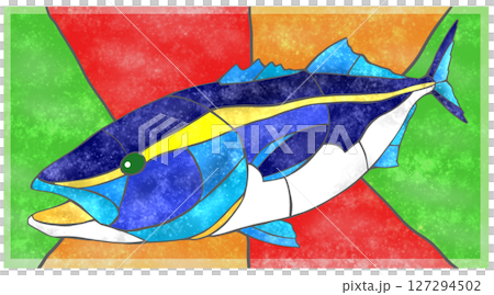 海水魚ワラサのカラフルタイル画風切り絵イラスト背景有り 127294502