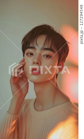 Young man with soft features posing in a cozy indoor setting during warm lighting conditions 127294549