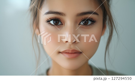 Close-up of a young woman with striking features and expressive eyes 127294550