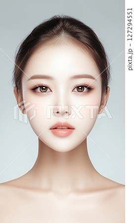 Portrait of a woman with flawless skin and elegant makeup in neutral tones 127294551