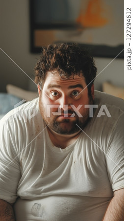 Man in casual clothing with a surprised expression sitting in a cozy indoor setting 127294612