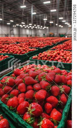 Enormous display of 75000 strawberries arranged in artistic rows and piles in a spacious setting filled with vibrant colors 127294708