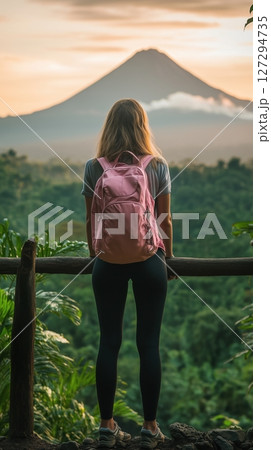 Woman in black leggings and pink backpack enjoys breathtaking view of Volcano surrounded by lush jungle at sunset Woman in black leggings and pink backpack enjoys breathtaking view of Volcano surrounded by lush jungle at sunset 127294735