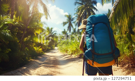 Exploring a tropical trail with a vibrant hiking backpack under sunlit palm trees in a lush environment 127294751