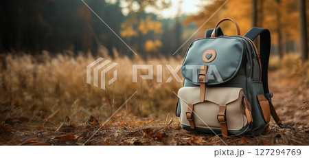 Backpack designed for women featuring a love logo, displayed in a serene autumn landscape during golden hour 127294769