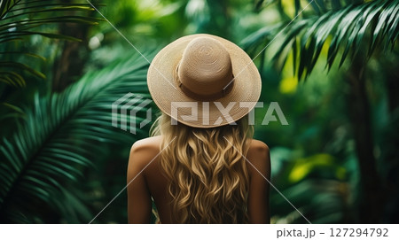 Adventurer in the jungle exploring vibrant foliage with a sun hat during a sunny day 127294792