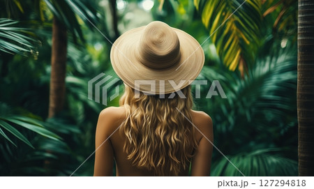 Woman exploring a lush jungle on a thrilling adventure amidst vibrant greenery and tropical plants Woman exploring a lush jungle on a thrilling adventure amidst vibrant greenery and tropical plants 127294818