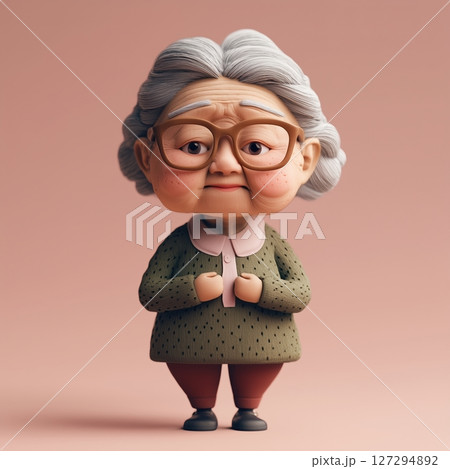 Cute 3D illustration of an Asian granny with curly hair, wearing a cozy sweater and glasses, looking curious in pastel colors and clay style 127294892