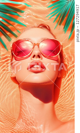 Joyful Gen Z couture girl enjoying a vibrant peach beach with teal accents, animated expression, and radiant makeup inspired by a top artist 127294917