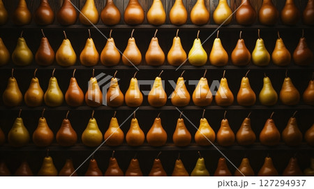 Enormous arrangement of 75000 pears creates a striking display of color and texture in a spacious setting 127294937
