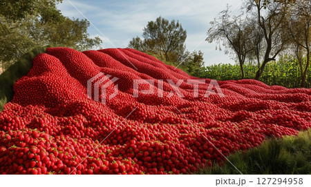 Enormous arrangement of 75000 strawberries stacked in artistic rows in a bright open space showcasing vibrant colors and textures 127294958
