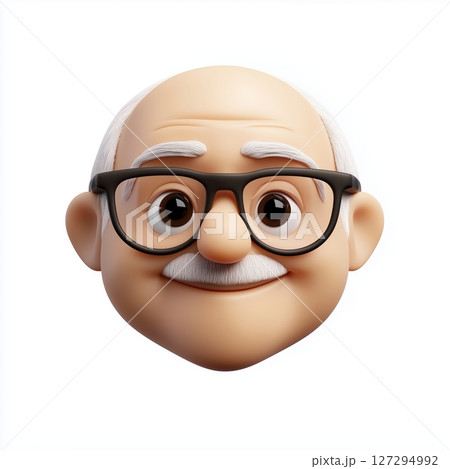 Style emoji of an elderly person with glasses and a warm smile on a plain white background, capturing the essence of joy and wisdom 127294992
