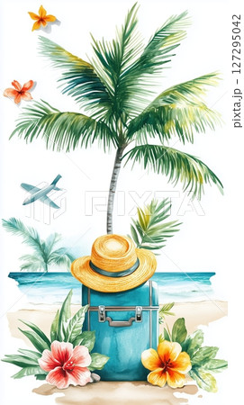 Summer travel composition featuring a suitcase, palm trees, and beach elements creating a relaxing getaway atmosphere 127295042