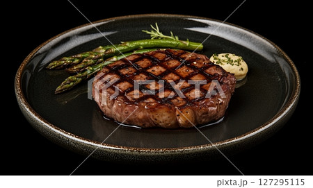 Delicious medium rare ribeye steak with grill marks served alongside grilled asparagus on an elegant plate Delicious medium rare ribeye steak with grill marks served alongside grilled asparagus on an elegant plate 127295115