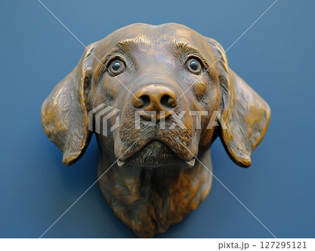 Golden retriever head and neck with expressive gaze against a solid blue background showcasing friendly features and warmth Golden retriever head and neck with expressive gaze against a solid blue background showcasing friendly features and warmth 127295121