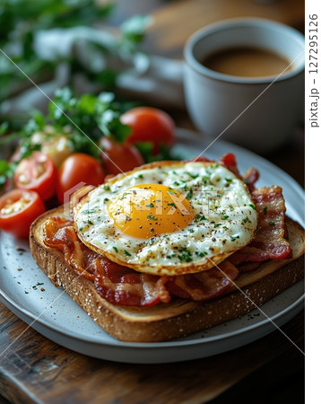 Delicious egg and bacon sandwich on toast served with fresh tomatoes and coffee in a cozy rustic kitchen setting 127295126