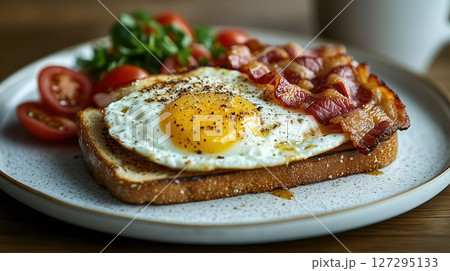Delicious close-up of egg and bacon sandwich on toast with fresh salad and coffee on rustic kitchen table during golden hour Delicious close-up of egg and bacon sandwich on toast with fresh salad and coffee on rustic kitchen table during golden hour 127295133